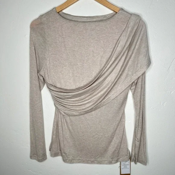 NEW OGL Merino Wool Tencel Drape Neck Long Sleeve Top Beige Large Built-in Bra - Picture 2 of 8
